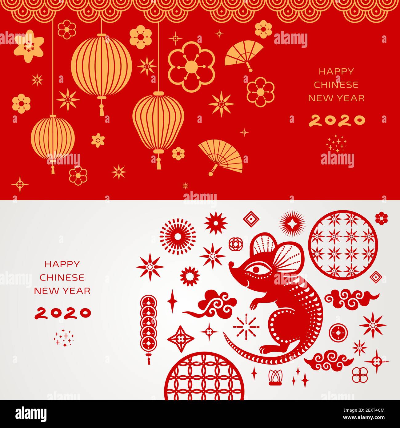Contexte du nouvel an chinois. 2020 concept décoratif de calendrier de zodiaque traditionnel avec des lanternes et un symbole de rat, des nuages et des fans poster vectoriel. Illustration 2020 nouvel an, décoration traditionnelle Illustration de Vecteur