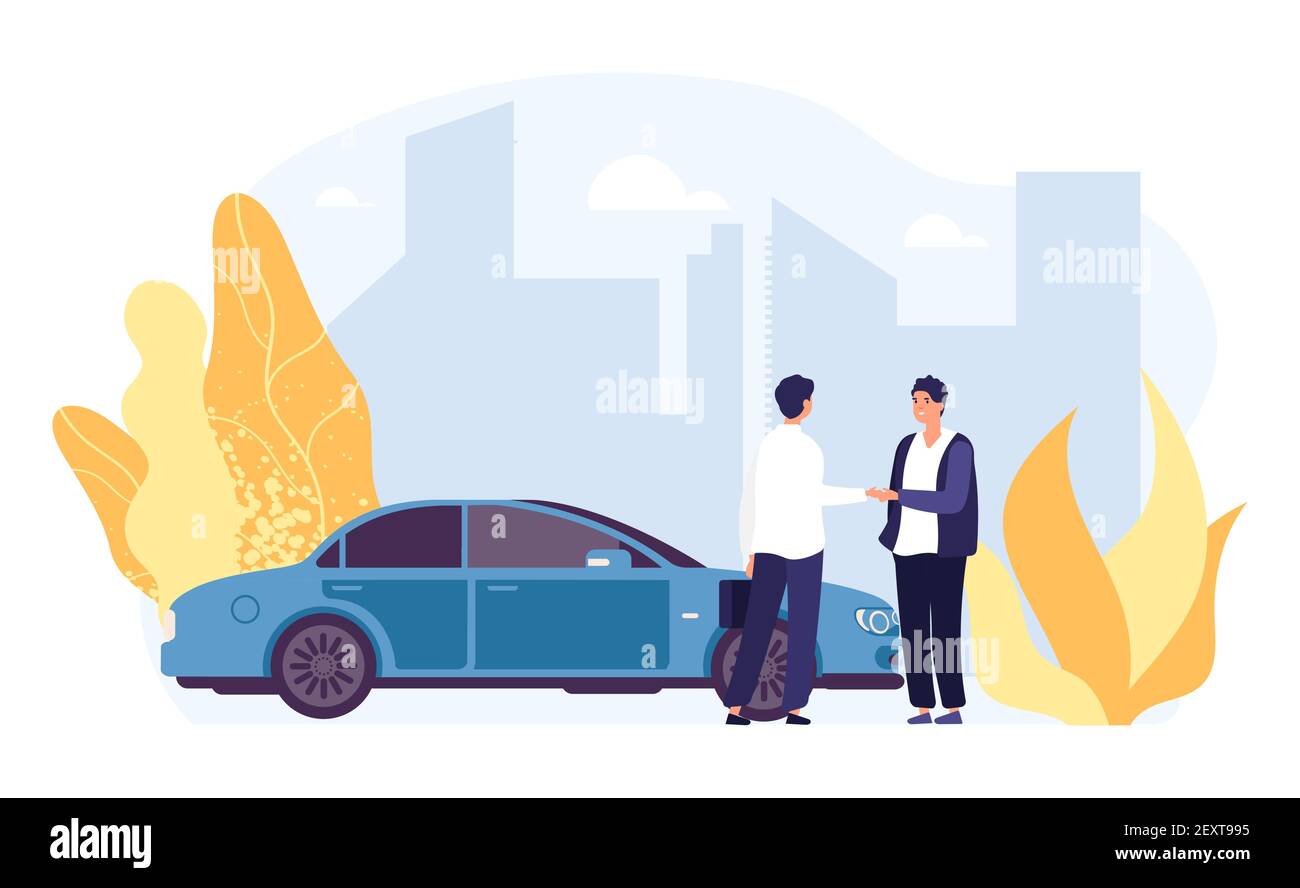 Louer une voiture. Partage de voiture, illustration de l'agence de location de voitures. Caractères masculins plats, vecteur automatique, paysage urbain. Location de voitures de transport, transport de la concession de service Illustration de Vecteur