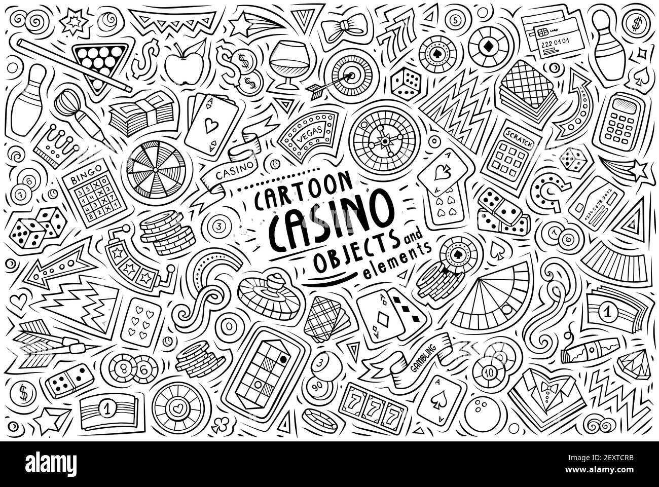 Scénario esquissé dessin à la main Doodle caricature ensemble d'éléments de thème de Casino, d'objets et de symboles Illustration de Vecteur