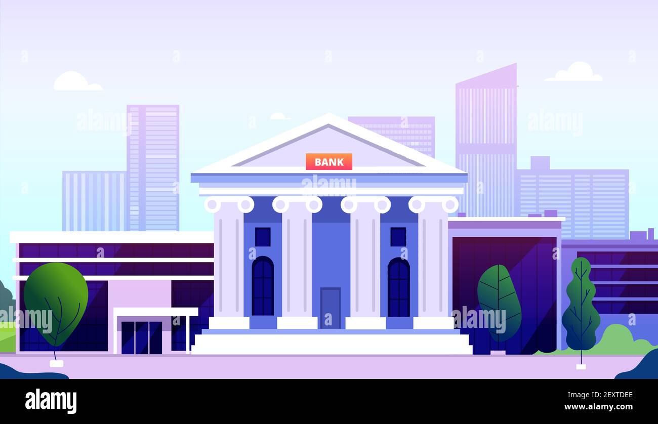 Bâtiment de la banque. Symboles de croissance de la richesse des investissements bancaires. Façade de la banque avec colonnes sur les bâtiments du gouvernement de rue vecteur financier. Illustration institution bancaire fédérale, structure publique Illustration de Vecteur