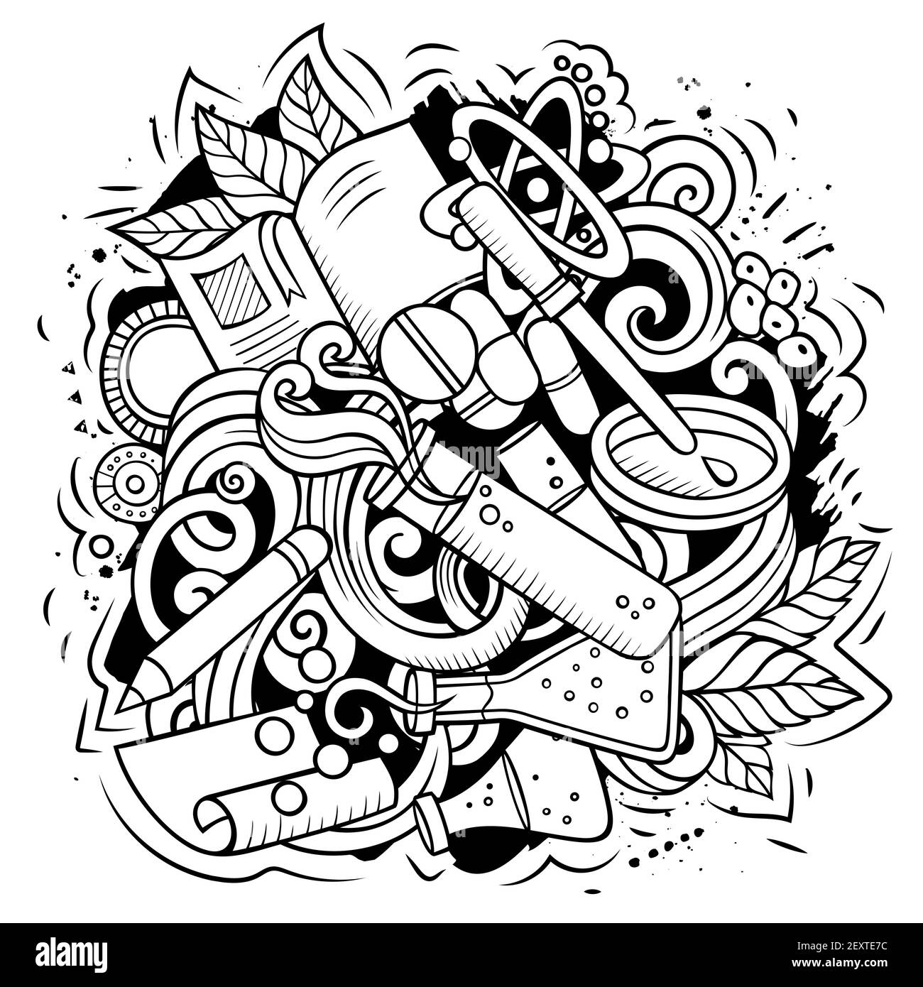 Motif science dessin animé vectoriel en forme de doodle. Composition détaillée avec beaucoup d'objets scientifiques et de symboles. Tous les éléments sont séparés Illustration de Vecteur
