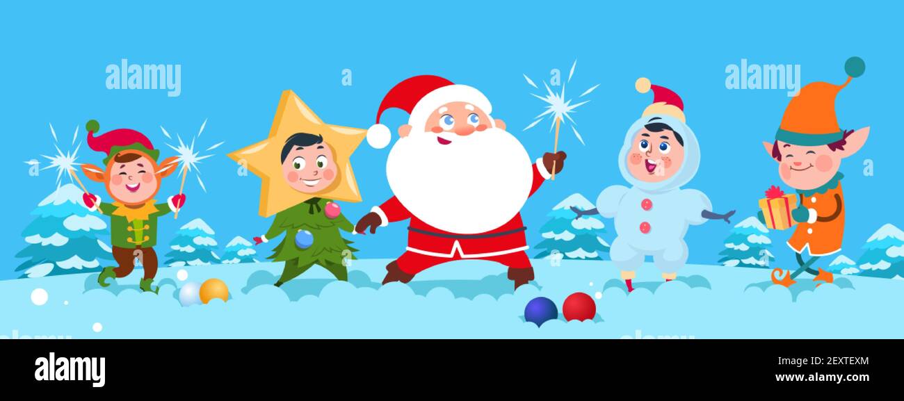 Arrière-plan d'hiver. Illustration vectorielle Santa de Noël. Joyeux dessin animé pour les enfants et le Père Noël avec des lueurs. Noël heureux enfants et père noël avec sparkler Illustration de Vecteur