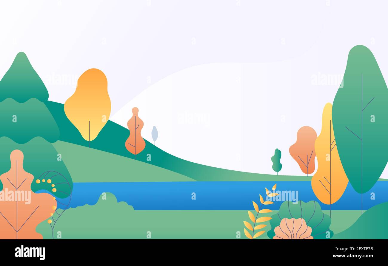 Paysage plat minimal. Scène de nature d'automne avec des arbres jaunes, verts et rivière. Panorama d'automne avec lac. Arrière-plan vectoriel tendance. Illustration paysage d'automne scène, paysage stylisé Illustration de Vecteur