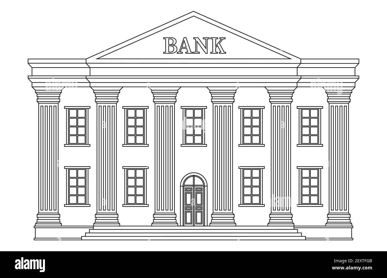Icône de bâtiment de banque de ligne. Banc vectoriel isolé sur fond blanc. Illustration du bâtiment de la banque, contour de l'architecture d'affaires avec colonne Illustration de Vecteur