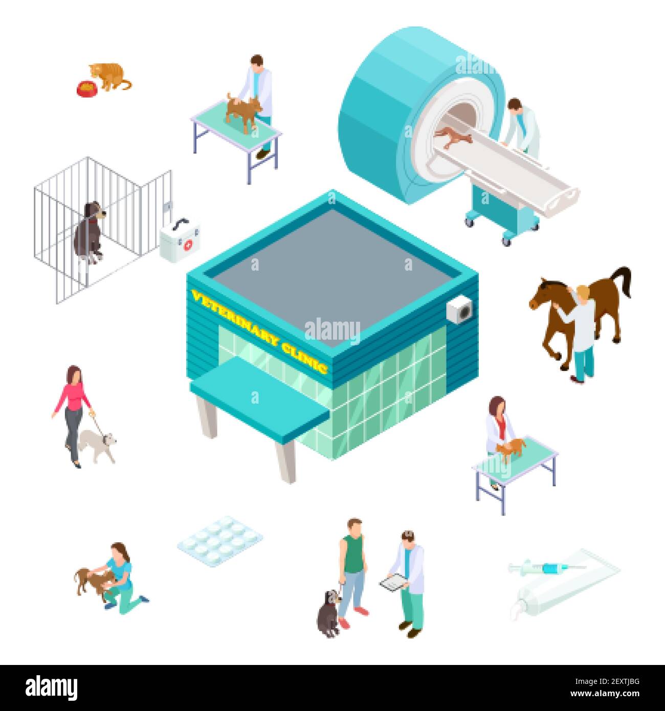 Concept de soins pour animaux. Clinique vétérinaire isométrique isolée sur fond blanc. Vétérinaire volontaires propriétaires d'animaux de compagnie, clinique de médecine. Clinique vétérinaire pour chiens, chats et animaux de compagnie Illustration de Vecteur