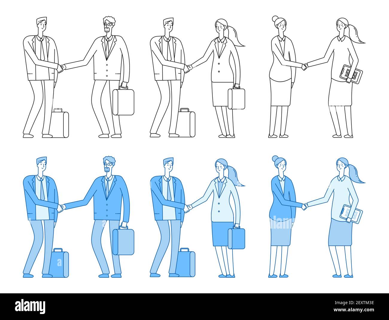 Personnages professionnels. Poignée de main. Line Flat homme femme, professionnel personnes ensemble de vecteur. Illustration personnage homme d'affaires partenaire de poignée de main Illustration de Vecteur