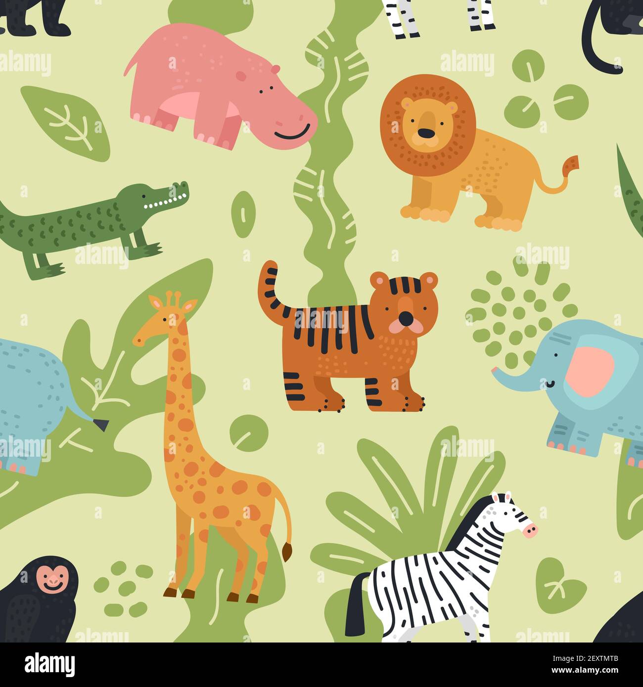 Motif animal de la jungle sans coutures. Lion, crocodile et zèbre, éléphant et singe, hippopotame et girafe avec texture vectorielle des feuilles tropicales d'été. Illustration du singe et du lion, de la girafe et de l'éléphant Illustration de Vecteur