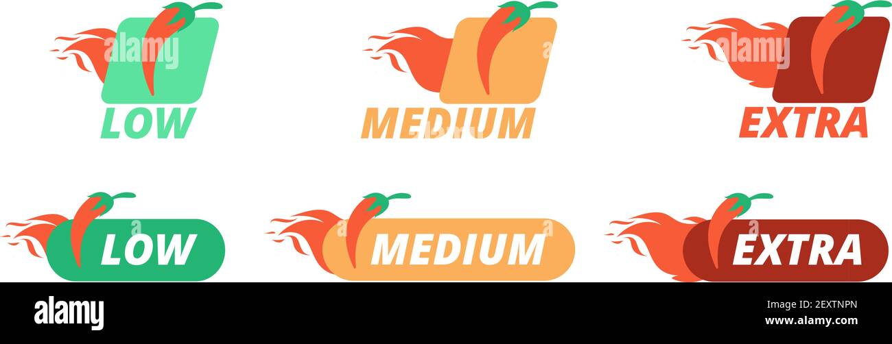 Étiquettes de piment. Niveaux de grain bas, moyen et extra. Ensemble vectoriel de symboles au menu du restaurant piment fort. Goût épicé au niveau des épices, illustration épicée au niveau mexicain Illustration de Vecteur