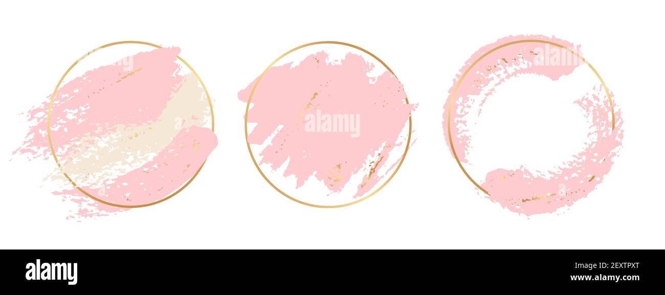 Fond rose or. Cadres dorés ronds avec éléments de pinceaux rose pastel. Modèle de bannières vectorisées de formes vectorielles. Illustration couleur pastel, aquarelle de forme de splash Illustration de Vecteur