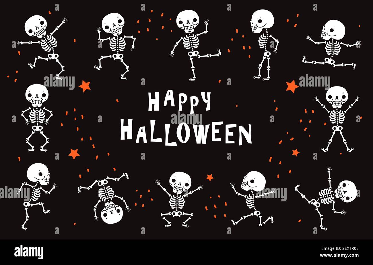 Squelettes dansants. OS humains blancs amusants en danse. Affiche noire vecteur Halloween dans le style horreur. Illustration squelette d'halloween, fête d'horreur avec crâne Illustration de Vecteur