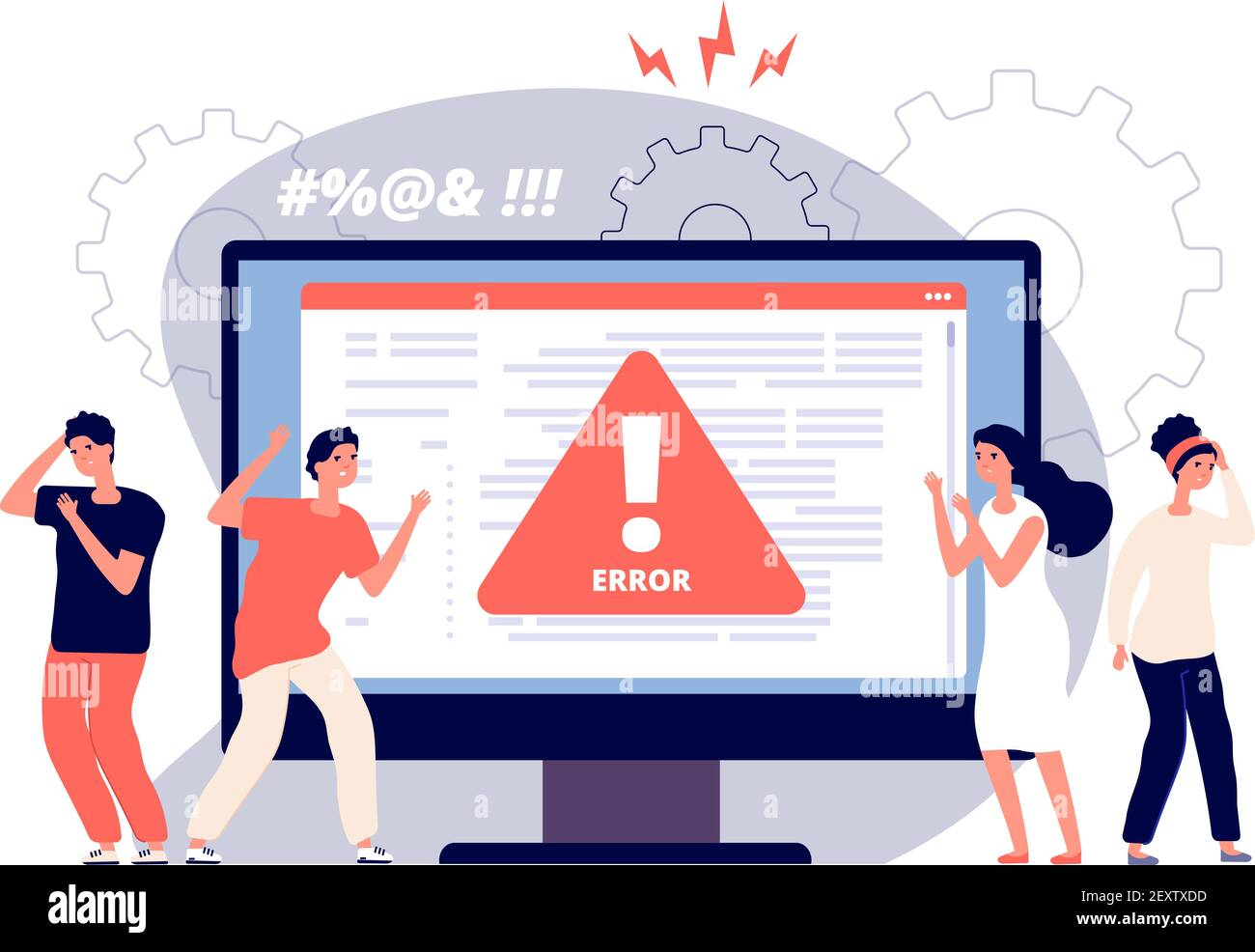 Erreur de l'ordinateur. Avertissements non disponibles utilisateurs de la page, alertes de symbole d'attention de problème, clients en colère près du périphérique de moniteur, concept de vecteur. Erreur de l'ordinateur, message d'avertissement, illustration de l'alerte de sécurité Illustration de Vecteur