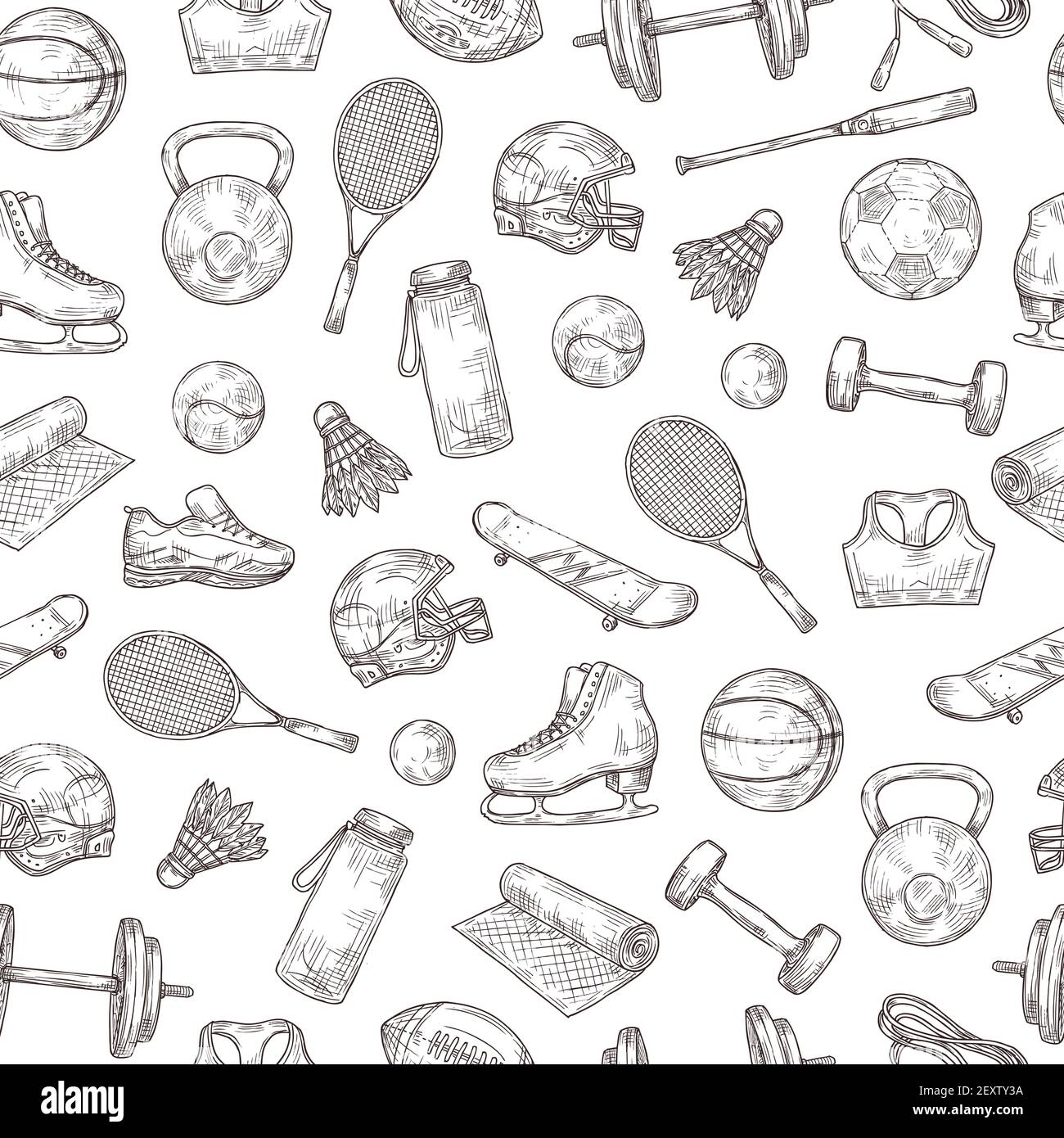 Motif sans coutures pour les équipements sportifs. Ballon de basket-ball et de baseball, boutlecock et casque de football, raquette de tennis et texture vectorielle de chauve-souris. Basket-ball et football, football et baseball Illustration de Vecteur