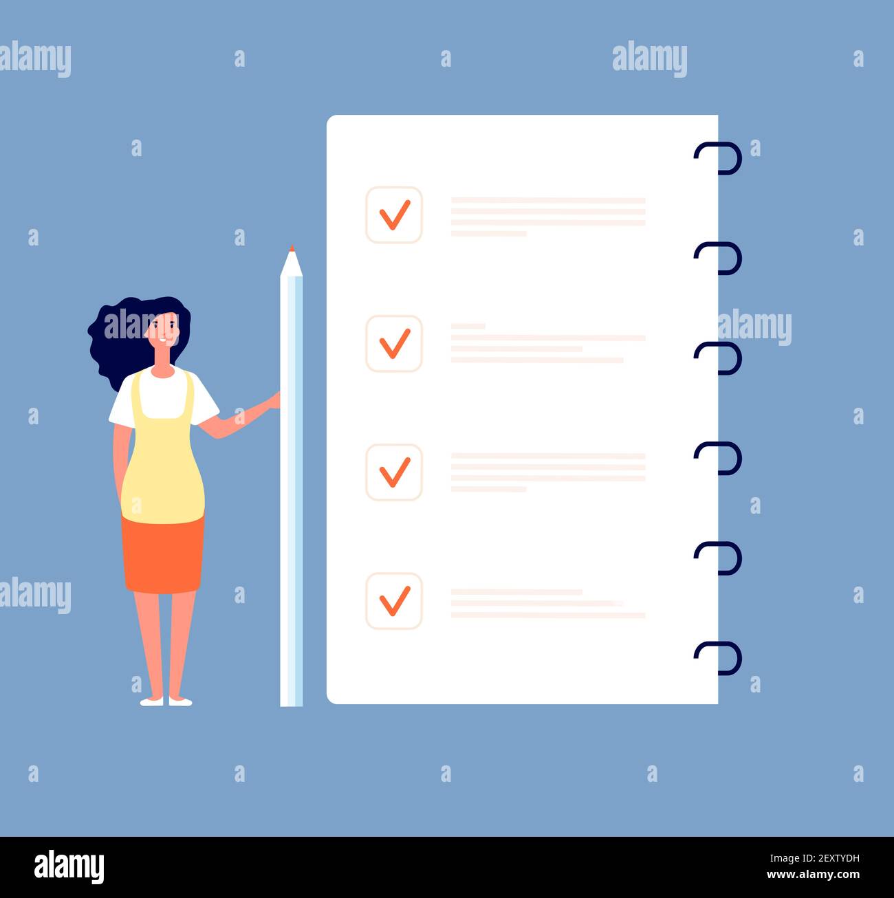 Concept de liste de contrôle. Femme d'affaires debout à la liste des tâches. La planification des mois, la gestion du temps et l'enquête forment un contexte vectoriel. Document de travail de la liste de vérification, illustration de la liste du plan d'affaires Illustration de Vecteur