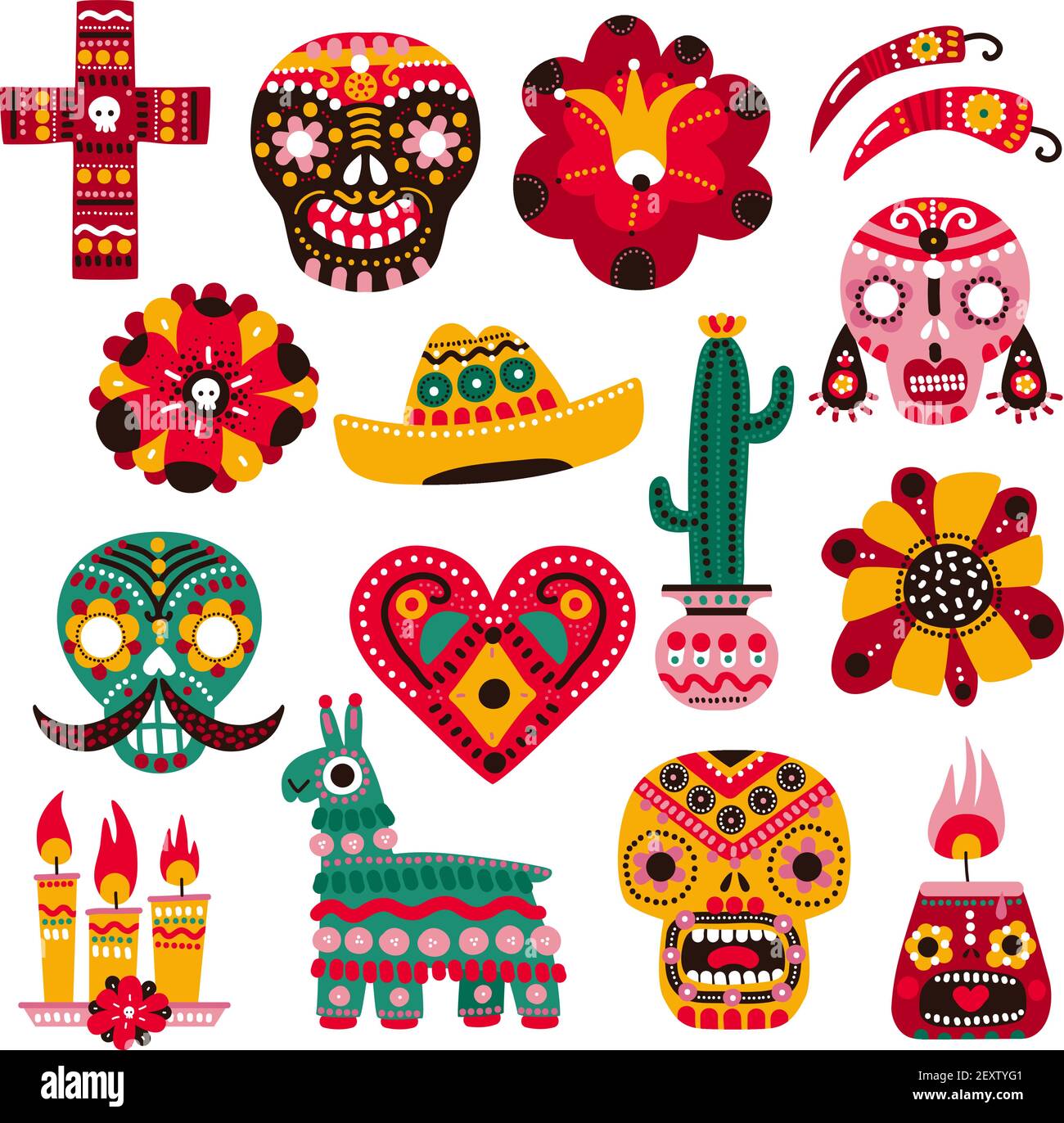 Jour de mort. Éléments de vacances mexicains, masque décoratif de crâne, bougie et fleur. Sombrero, lama et cactus. Ensemble de vecteurs dia de muertos. Illustration fête mexicaine vacances, masque crâne au festival Illustration de Vecteur