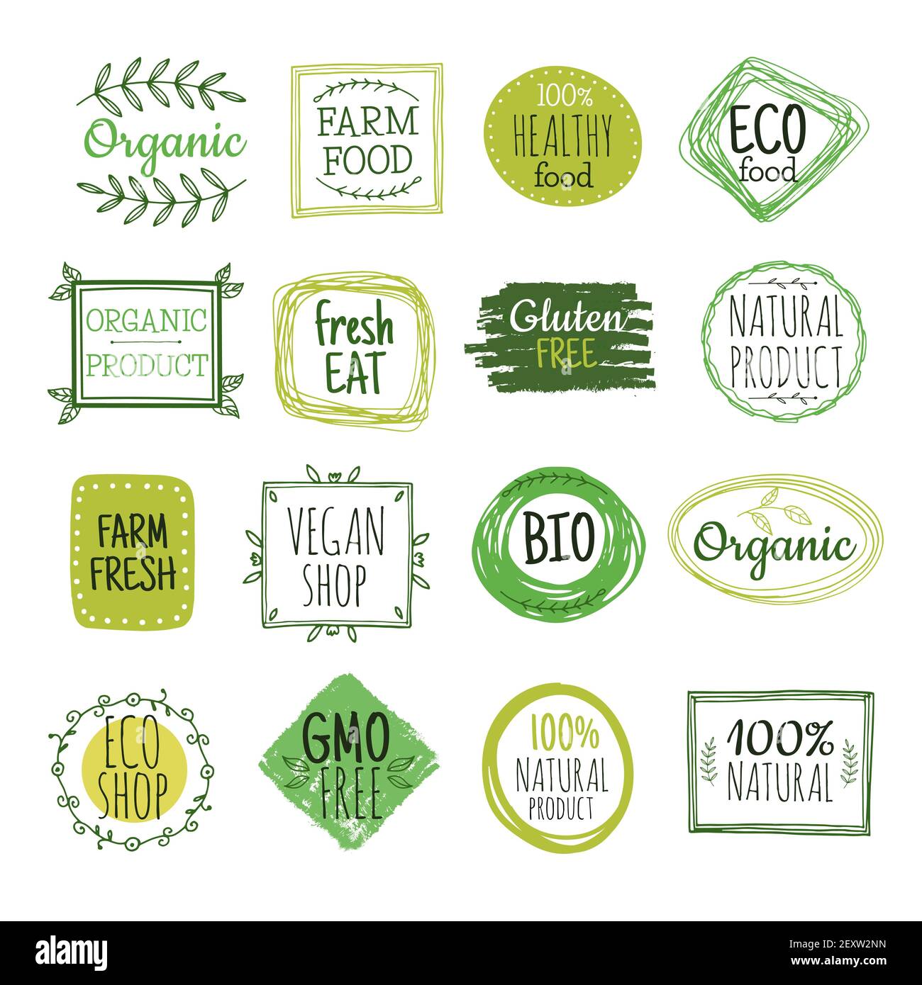 Bio-étiquettes. Légumes verts éco-aliments, sans gluten étiquettes de produits agricoles naturels. Ensemble vectoriel de badges d'aliments sains bio frais. Illustration bio et badge ECO vert Illustration de Vecteur