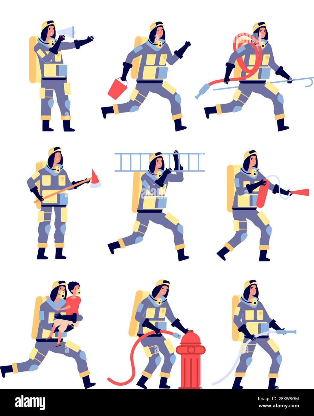 Pompier. Personnages de pompier sauvant des gens, équipement de sauvetage. Pompiers dans un casque avec extincteur, ensemble de vecteurs de dessins animés de pompiers. Illustration pompier, équipement de protection uniforme pompier Illustration de Vecteur