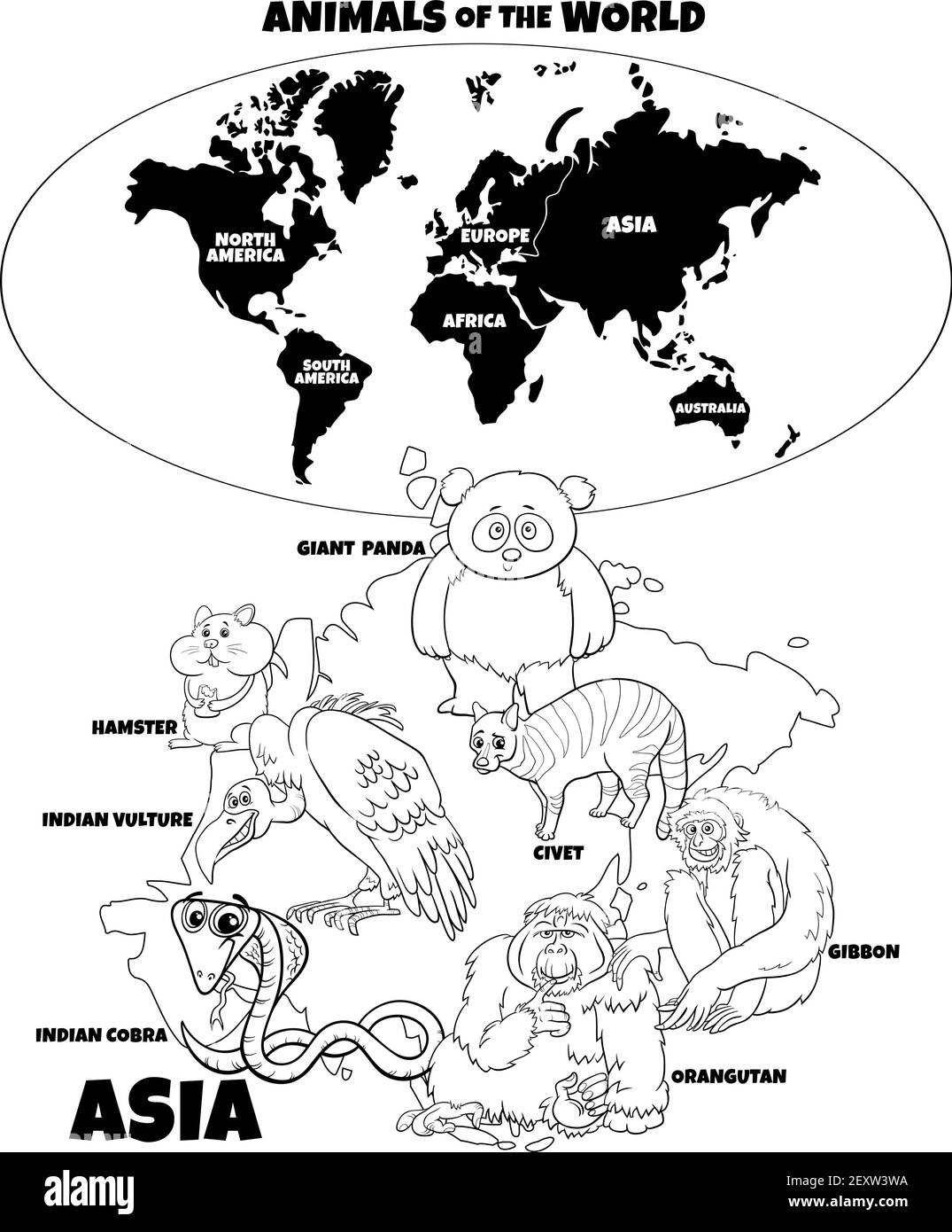 Dessin animé éducatif noir et blanc illustration des animaux asiatiques et carte du monde avec page de livre de coloriage continents Illustration de Vecteur