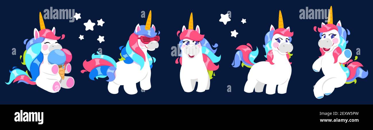 licorne drôle. Collection vector caricature unicorn. Adorable poney magique blanc aux queues colorées. Drôle d'animal licorne, Happy caricature magie personnage illustration Illustration de Vecteur