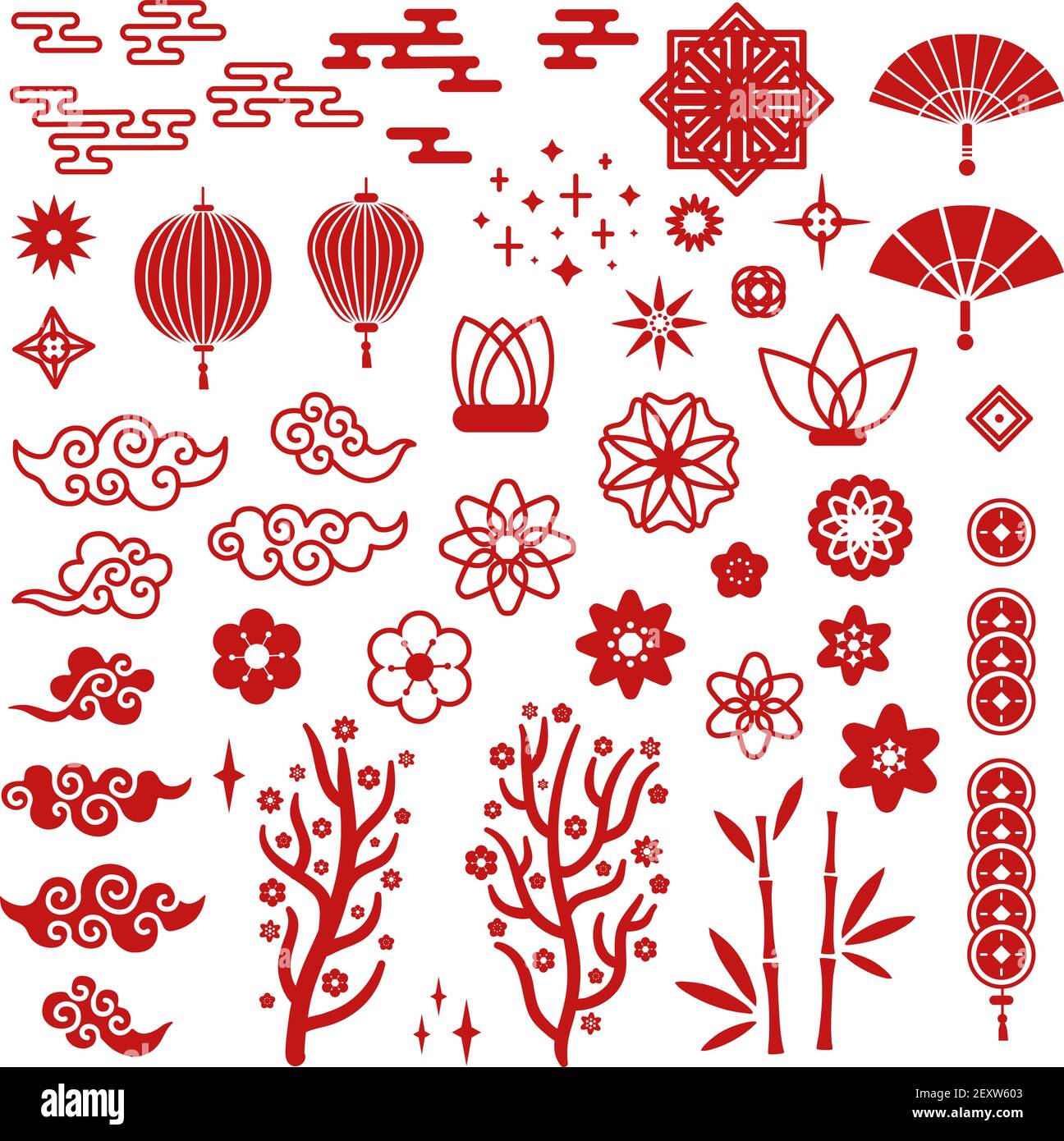 Éléments du nouvel an chinois. Motif traditionnel asiatique rouge, nuage et fleur décorative de lotus. Lanternes orientales, sakura et éventail vectoriel. Illustration chinois traditionnel, dessin animé asiatique sur le nuage Illustration de Vecteur