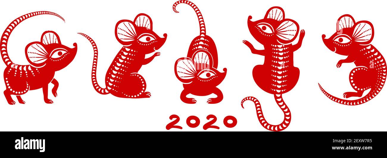 Nouvelle année 2020 rat. Rats chinois zodiac, symboles de calendrier de souris rouge asiatique avec motif. Ensemble de vecteurs isolés de souris chinoise, illustration de chine de rat Illustration de Vecteur