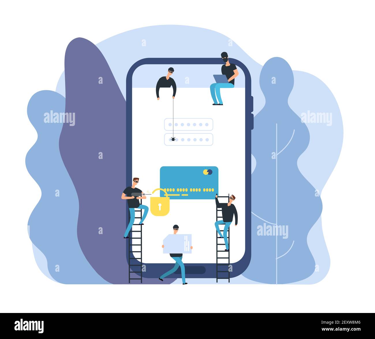 Attaque de pirates informatiques. Un cyber-voleur vole des données bancaires confidentielles de smartphone. Concept de vecteur de risque d'argent et d'identité de pirate. Illustration fraude mot de passe banque, voleur web Illustration de Vecteur