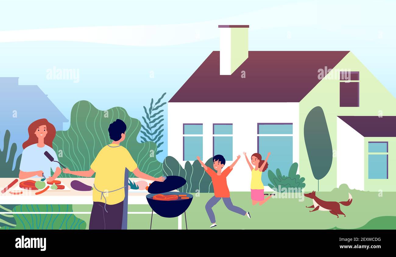 Pique-nique. Fête barbecue dans le jardin. Cuisine familiale avec barbecue. Mère et père avec enfants heureux. Illustration de loisirs en plein air Vector. Fête barbecue familiale, cuisine extérieure d'été Illustration de Vecteur