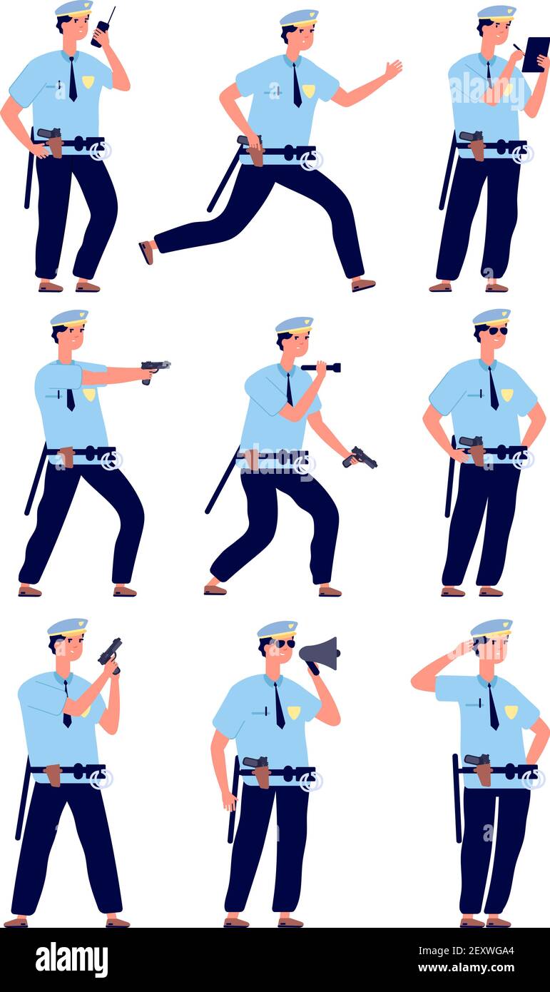 Policier. Agent de sécurité de la cdp américaine, patrouille de police en uniforme avec une arme à feu. Jeu de vecteurs de personnages de dessins animés de gardiens professionnels. L'officier d'illustration cop garde le professionnel américain en uniforme Illustration de Vecteur