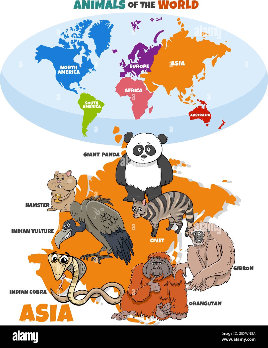Illustration de dessin animé éducatif des animaux asiatiques et de la carte du monde avec continents Illustration de Vecteur