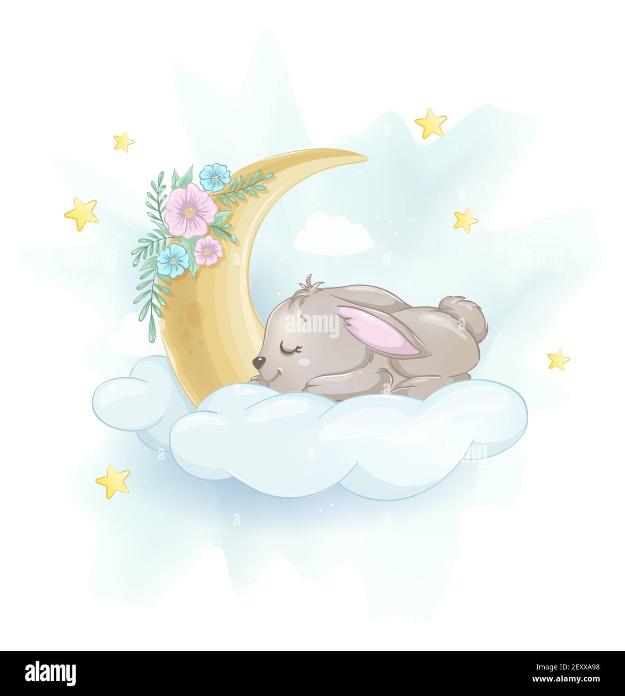 Joli petit lapin dormant sur un nuage. Utilisable pour la carte de vœux de Pâques. Joli personnage de dessin animé de lapin. Illustration du vecteur de stock Illustration de Vecteur