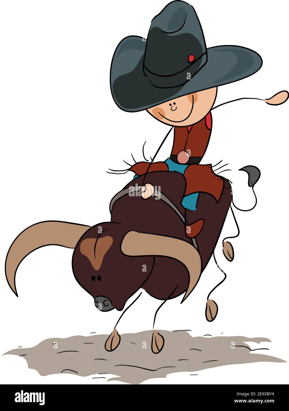 Stick Figure Bull Riding Vector illustration , Cartoon Bull et Rider au sol Illustration de Vecteur