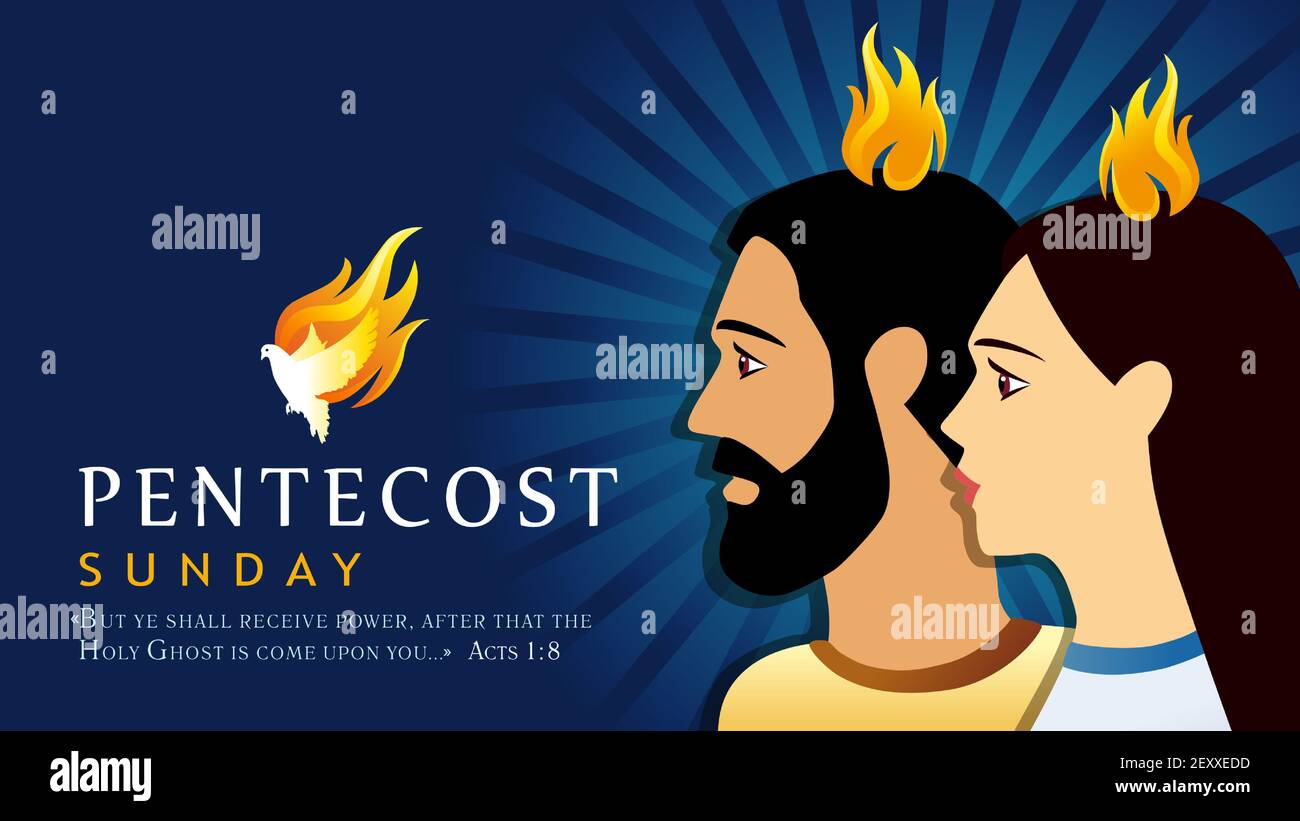 Carte du dimanche de la Pentecôte avec homme et femme à la flamme. Modèle de bannière pour le jour de la Pentecôte comme les Apôtres priant avec des langues de feu au-dessus d'eux et le texte Illustration de Vecteur