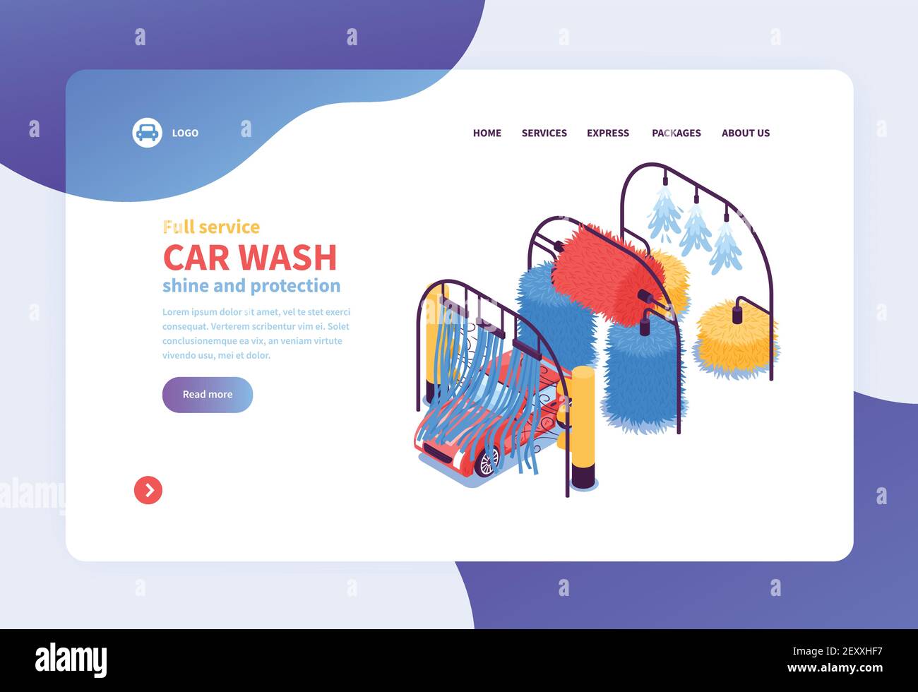 Isométriques services de lavage de voiture concept bannière web design de page avec cette option permet de cliquer sur des images et d'afficher des illustrations vectorielles de texte modifiables Illustration de Vecteur