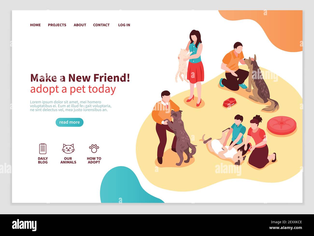 Page web isométrique d'abri animal avec des personnages humains pendant la communication avec illustration vectorielle pour chiens et chats Illustration de Vecteur