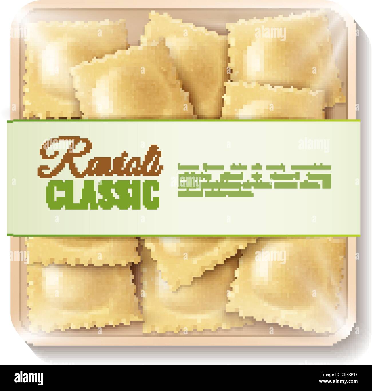 Composition d'emballage alimentaire gastronomique à base de viande réaliste avec image isolée de boîte de produit de marque avec illustration vectorielle classique de raviolis Illustration de Vecteur