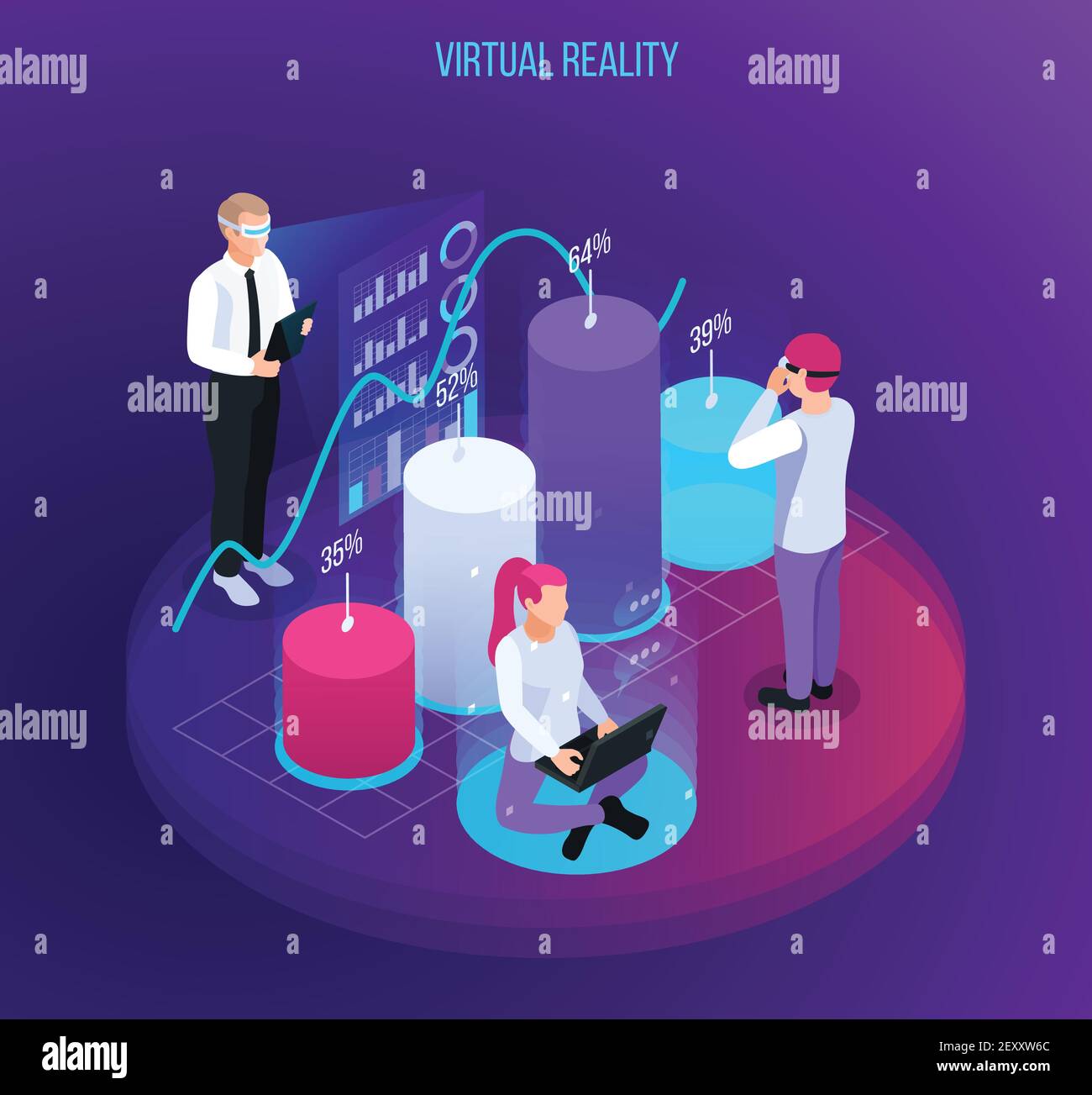 Réalité augmentée virtuelle composition isométrique à 360 degrés avec objets infographiques chiffres et symboles avec illustration vectorielle de caractères humains Illustration de Vecteur