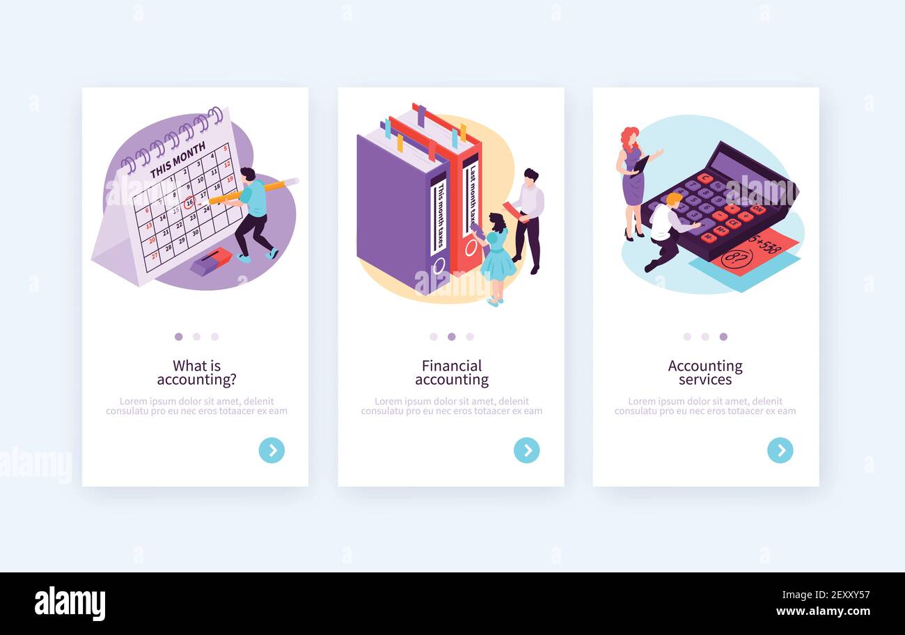 Jeu de trois bannières verticales isométriques de comptabilité avec texte modifiable bouton cliquable et illustration vectorielle d'images conceptuelles commutables Illustration de Vecteur