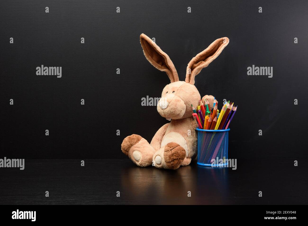 mignon lapin s'asseoir sur le fond d'un tableau noir de craie, de retour à l'école, espace de copie Banque D'Images