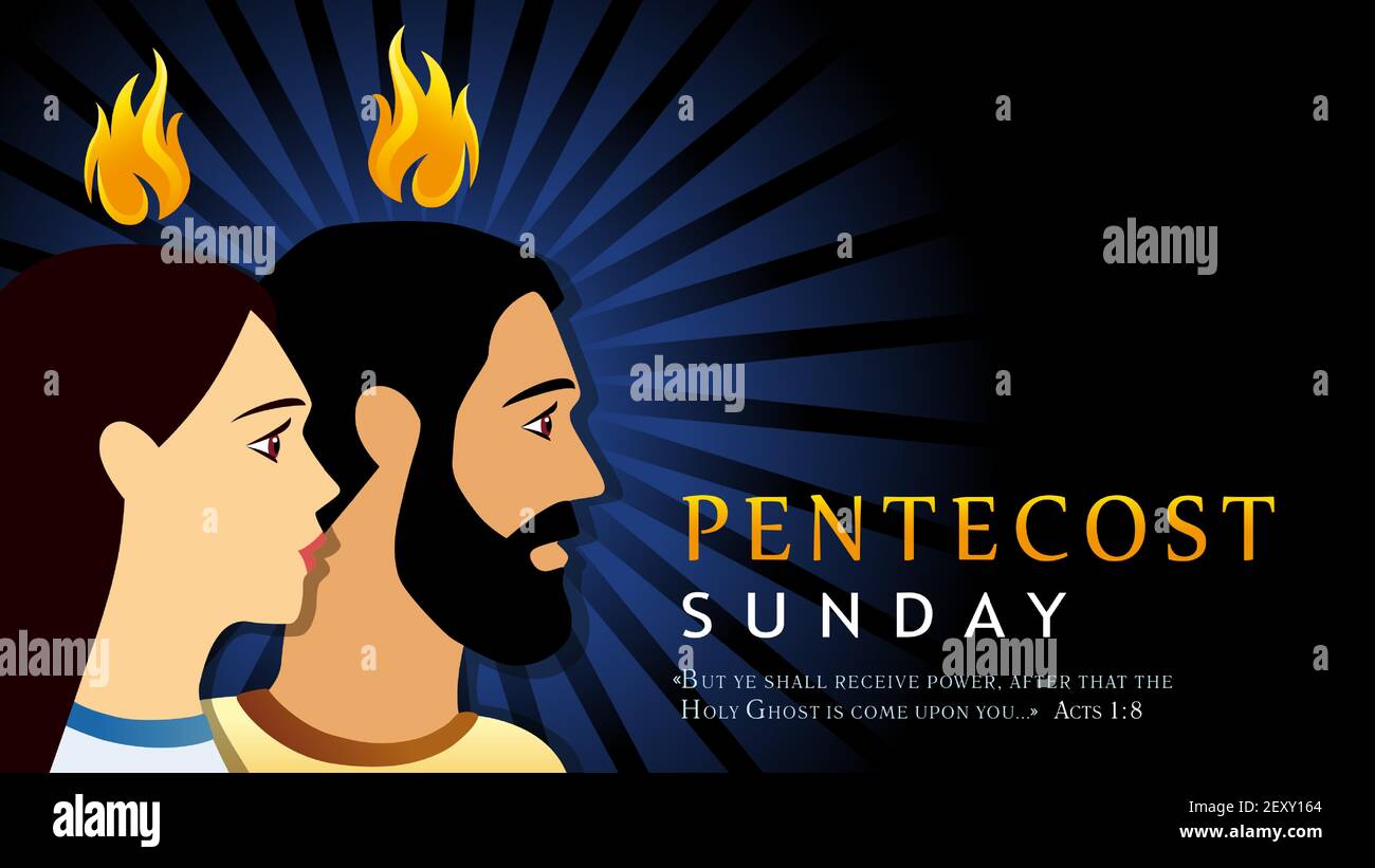 Carte du dimanche de la Pentecôte avec homme et femme à la flamme. Modèle de bannière pour le jour de la Pentecôte comme les Apôtres priant avec des langues de feu au-dessus d'eux et le texte Illustration de Vecteur