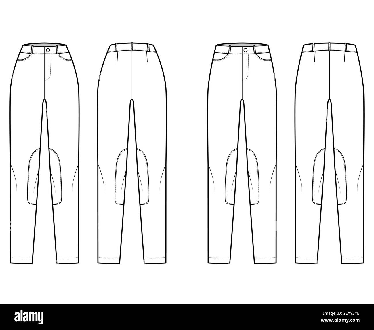 Ensemble de jeans Kentucky Jodhpurs pantalon denim illustration technique de la mode avec taille basse normale, taille haute, passants de ceinture, pleine longueur. Modèle plat à l'avant à l'arrière, style blanc. Maquette CAD pour femmes et hommes Illustration de Vecteur