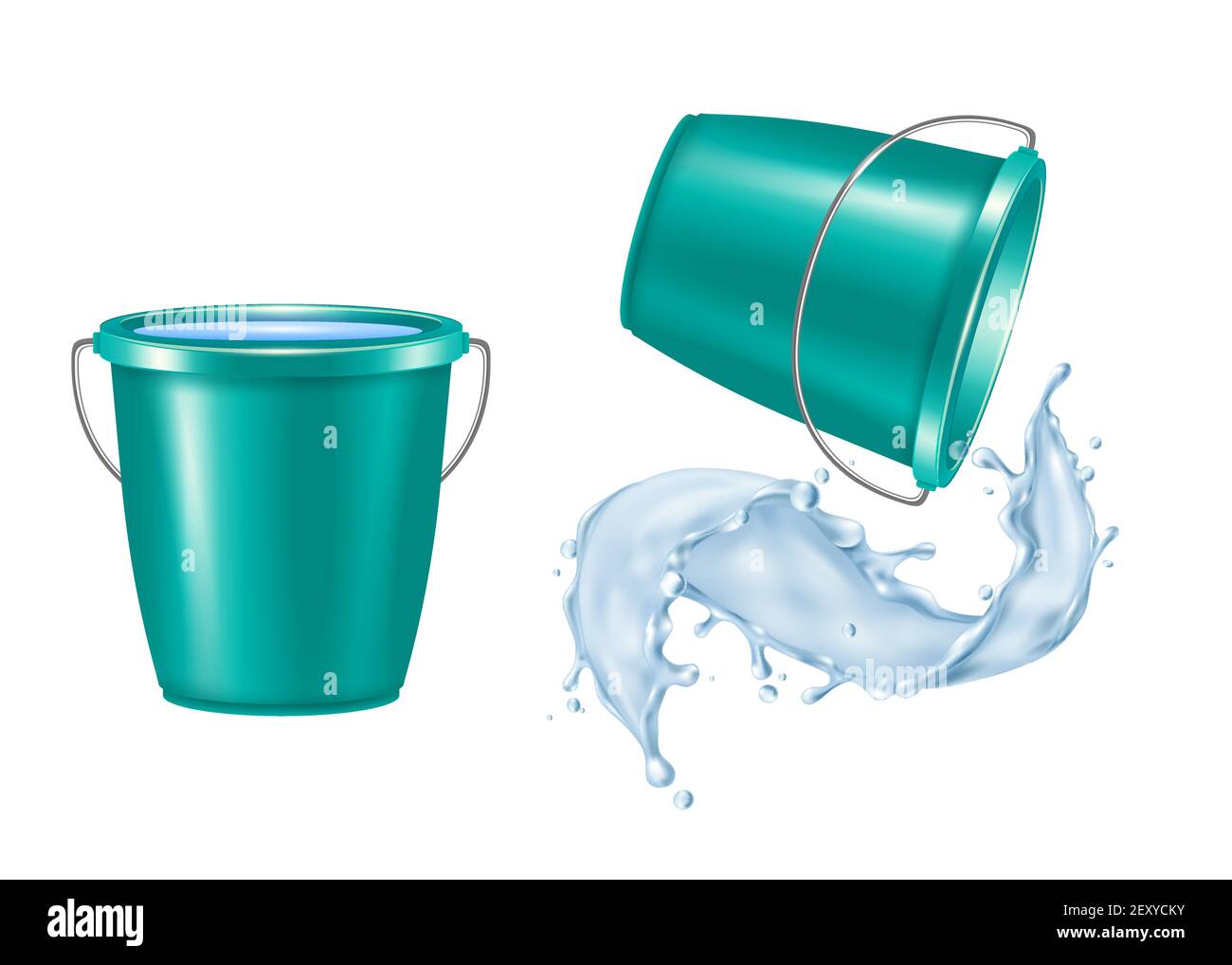 Ensemble réaliste de seau en plastique avec illustration vectorielle isolée de l'eau de déversement Illustration de Vecteur