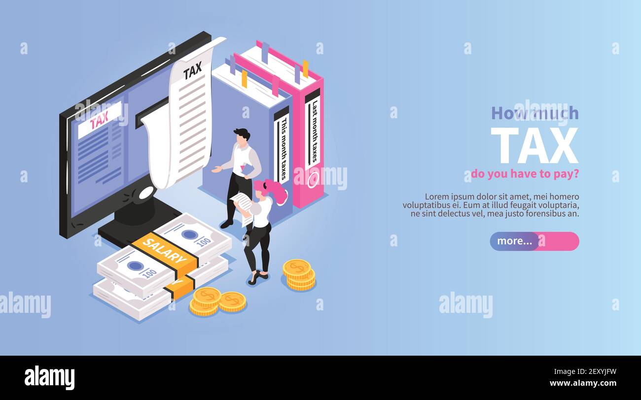 Bannière horizontale de comptabilité isométrique avec bouton de curseur texte modifiable et personnages comptables masculins à proximité de l'illustration vectorielle de l'ordinateur de bureau Illustration de Vecteur