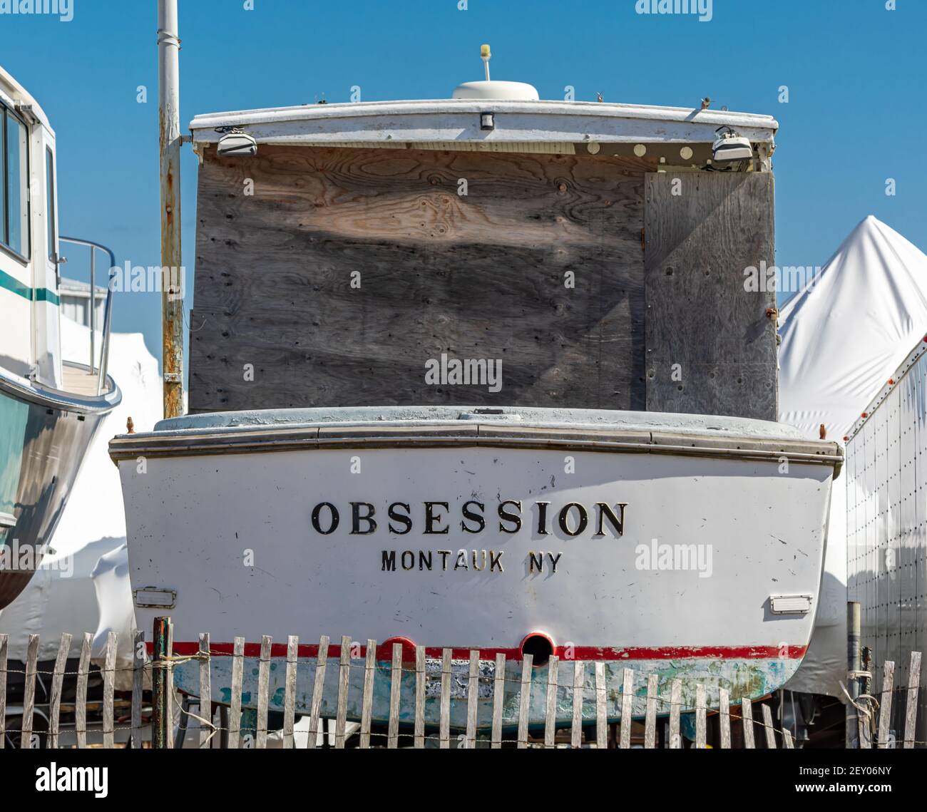 Arrière d'un vieux bateau appelé obsession, Montauk, NY Banque D'Images