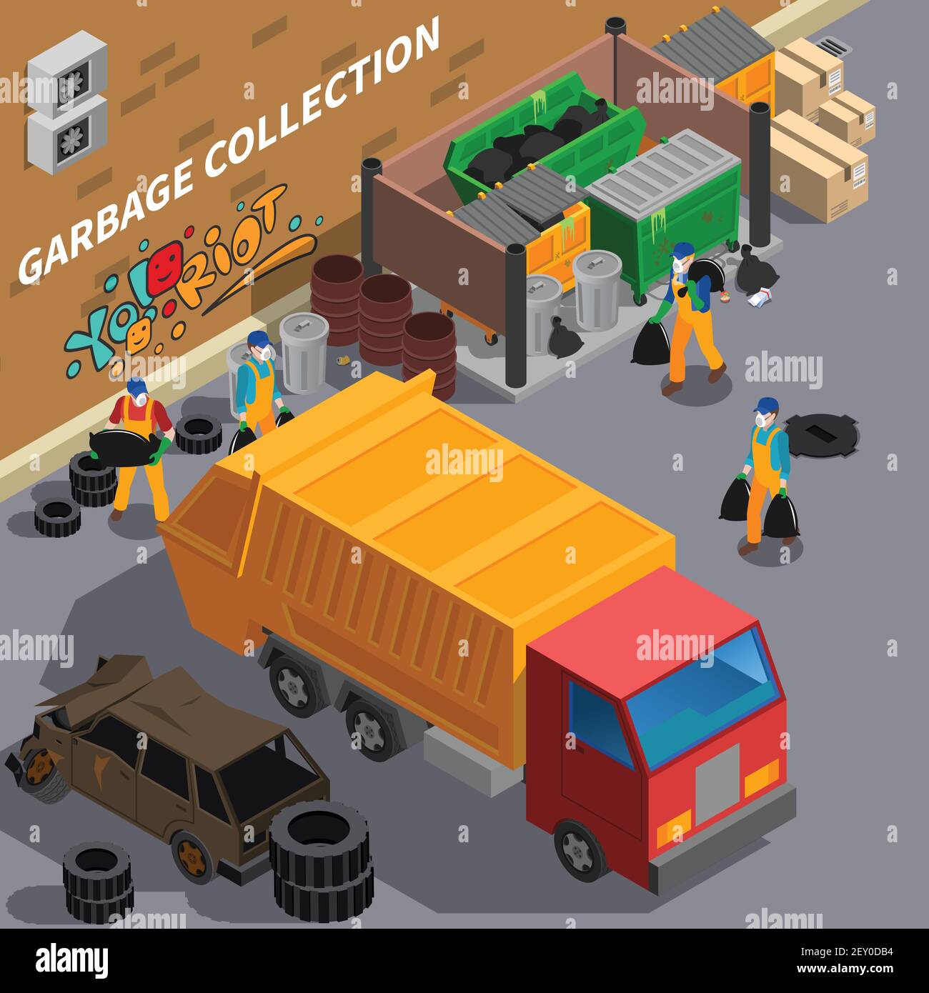 Recyclage des déchets composition isométrique avec vue extérieure de la cour arrière avec illustration vectorielle pour camions d'assainissement et ouvriers Illustration de Vecteur