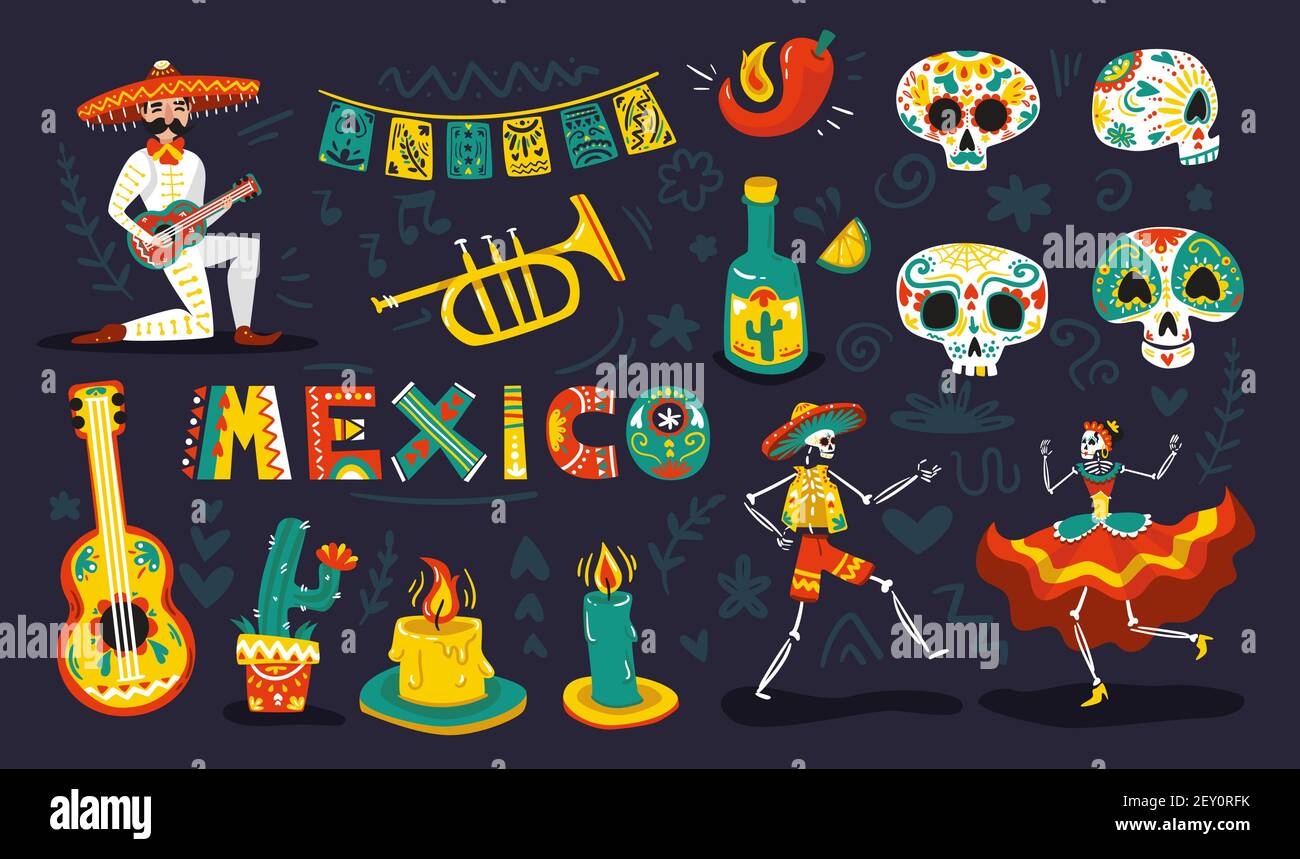 Les symboles mexicains dia muertos Day Dead sont des attributs colorés skulles à sucre de squelettes dansantes masque l'illustration vectorielle Illustration de Vecteur
