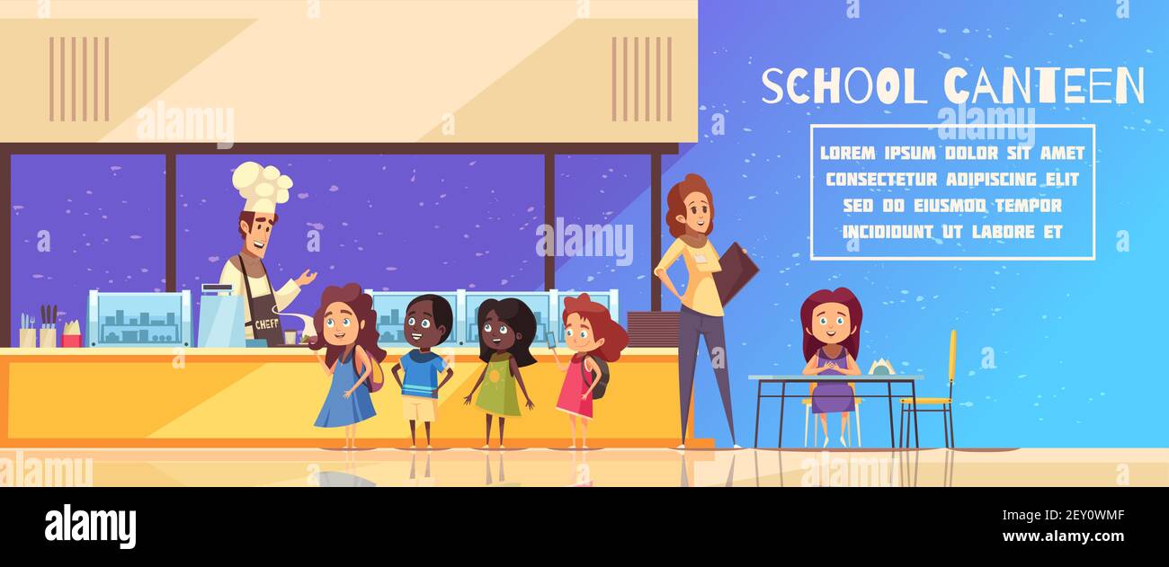Cantine scolaire de couleur jaune bleue avec chef derrière le comptoir