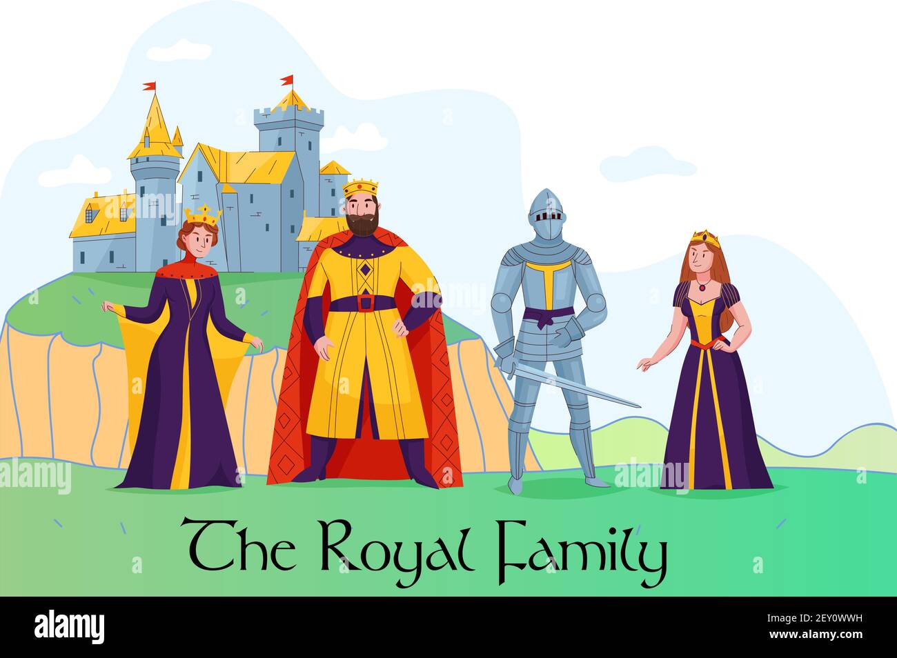 Famille royale du royaume médiéval debout devant l'appartement du château composition avec un grand lit queen chevalier princesse vecteur illustration Illustration de Vecteur