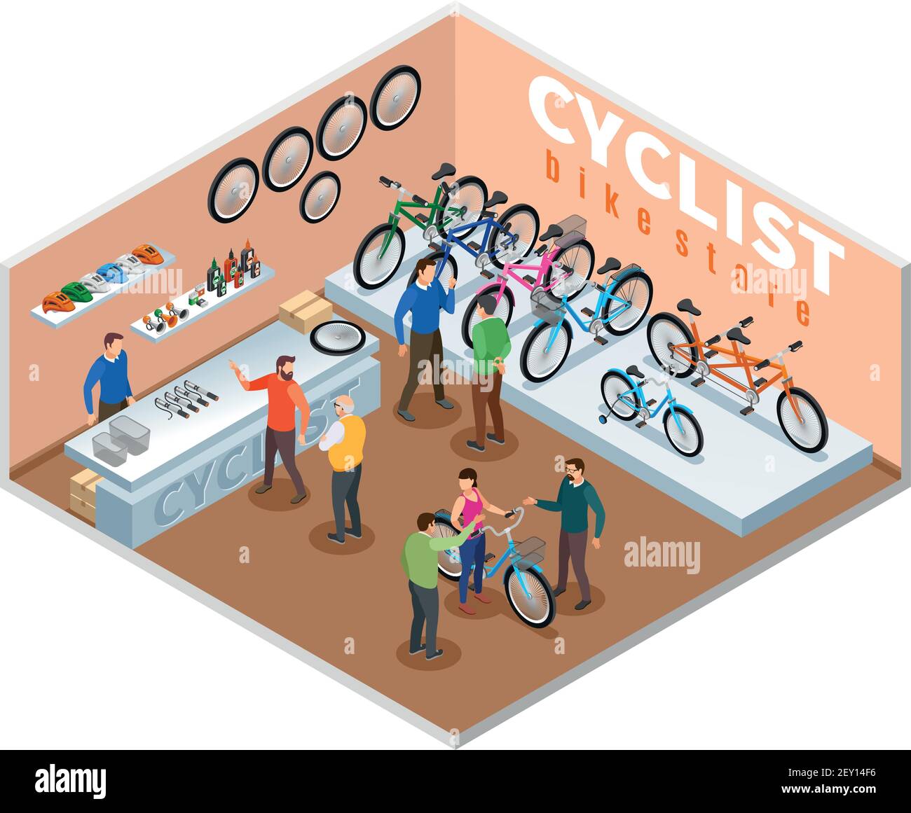 Composition isométrique de magasin de vélos avec acheteurs et offre de conseiller de concessionnaire illustration vectorielle des modèles de vélos Illustration de Vecteur