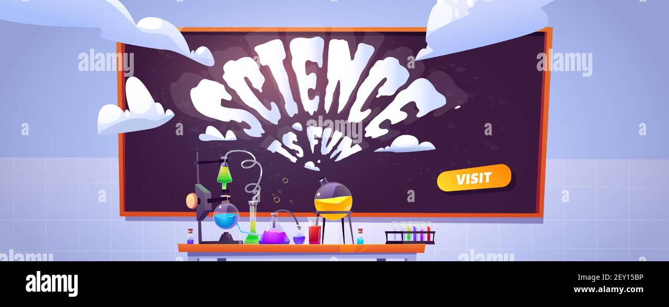 Bannière de laboratoire scientifique pour l'étude et les expériences de chimie pour les enfants. Page d'accueil Vector de la présentation de la recherche scientifique dans le domaine de l'éducation. Illustration graphique d'un laboratoire chimique avec des flacons et des tubes Illustration de Vecteur