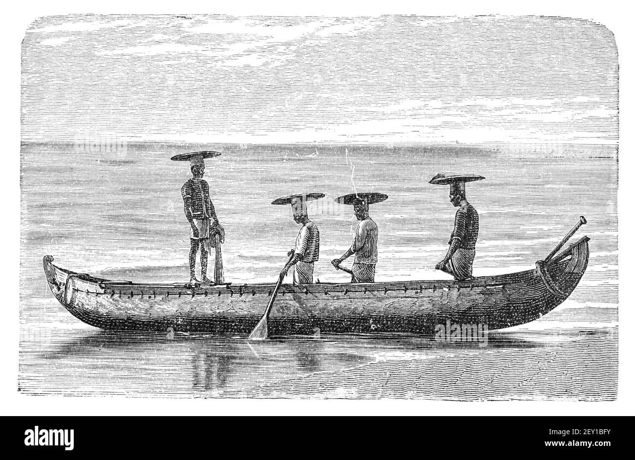 Groupe de pêcheurs en bateau sur la côte est de l'Inde. Culture et histoire de l'Asie. Illustration ancienne vintage noir et blanc. 19e siècle. Banque D'Images