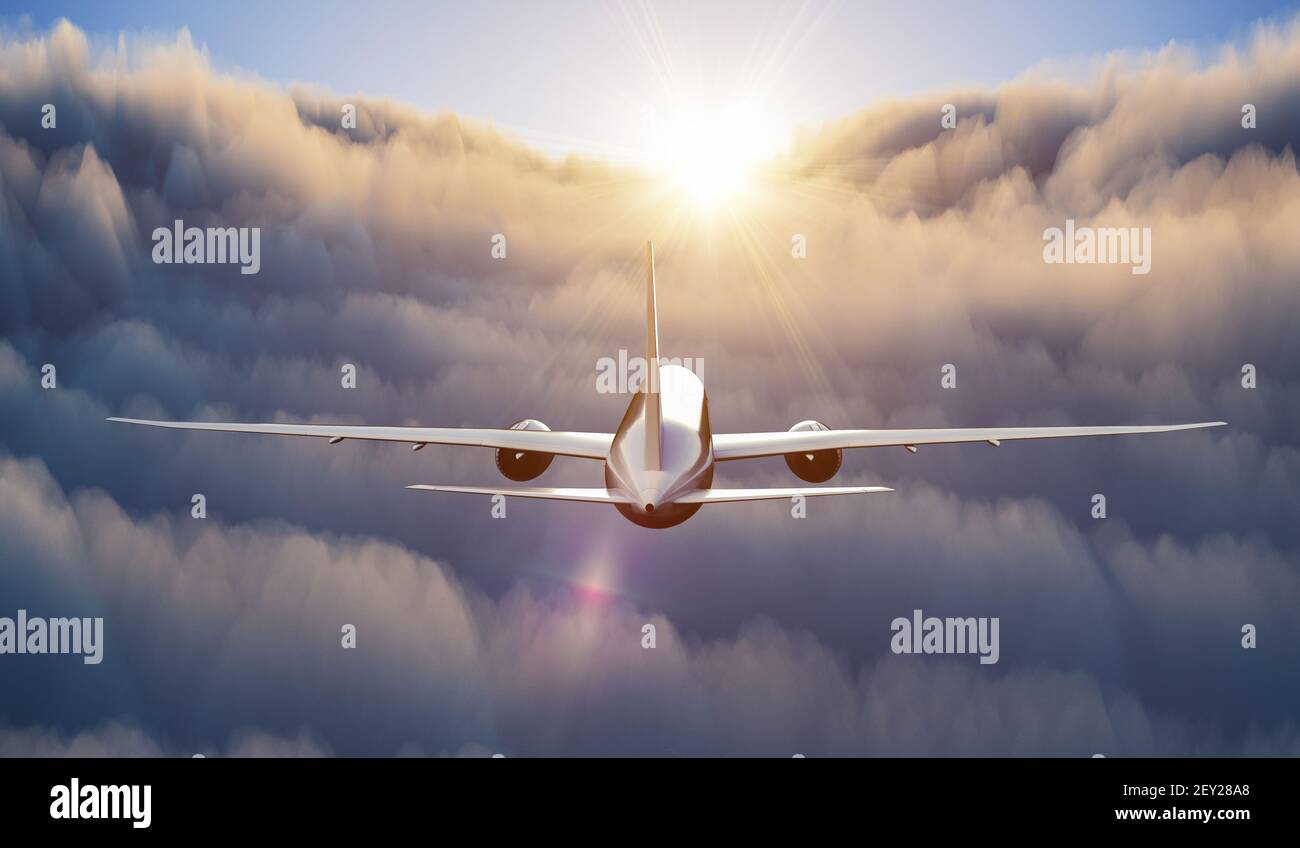 Avion survolant les nuages dans le ciel au coucher du soleil. Illustration de rendu 3D. Banque D'Images